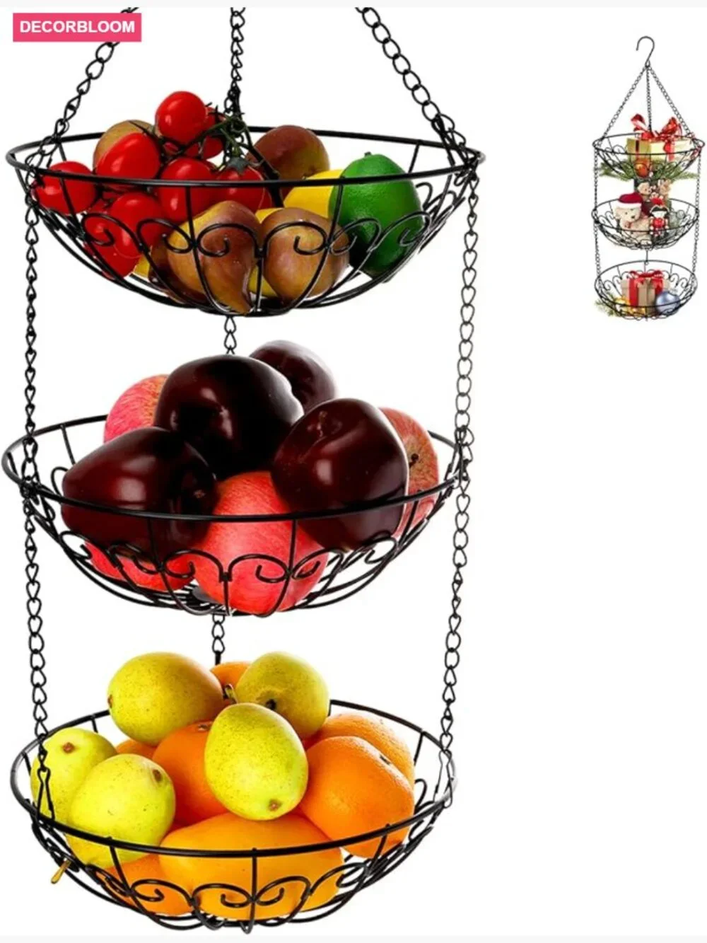 3-Tier Hanging Fruit Basket, Heavy Duty Wire Kitchen Storage Organizer